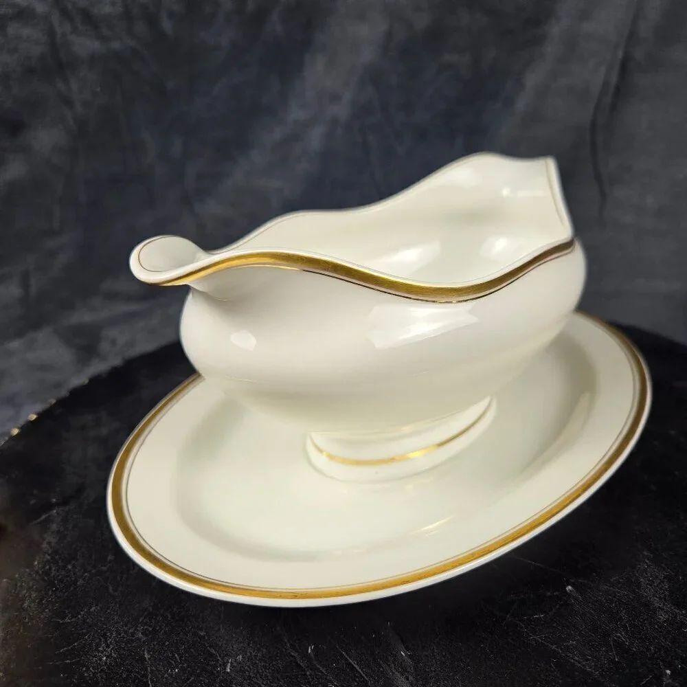 Haviland Limoges Gravy Boat with Underplate Attached Cream w/ Gold Accents Vtg